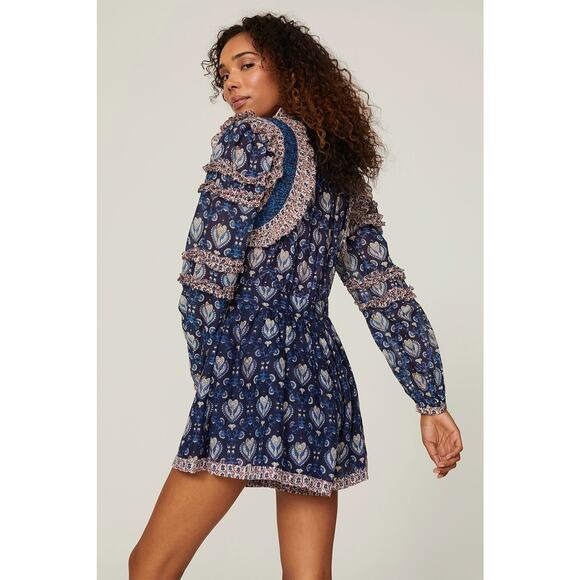 SEA NEW YORK Brigitte Blue Printed Border Ruffle Romper Size 2 - Picture 2 of 9